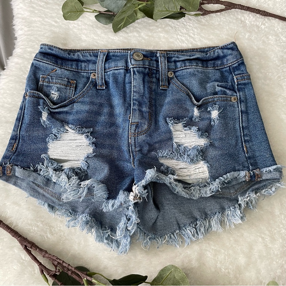 Mossimo High Rise Distressed Fringe Hem Denim Shorts